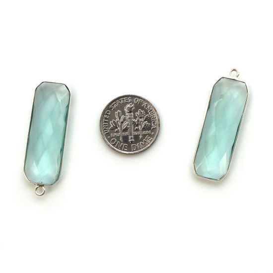 Wholesale Sterling Silver Bezel Charm Pendant - 34x11mm Elongated Rectangle Shape - Aqua Quartz - March Birthstone