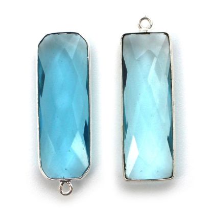 Wholesale Sterling Silver Bezel Charm Pendant - 34x11mm Elongated Rectangle Shape - Blue Topaz Quartz - December Birthstone