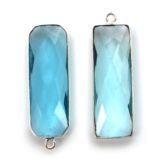 Wholesale Sterling Silver Bezel Charm Pendant - 34x11mm Elongated Rectangle Shape - Blue Topaz Quartz - December Birthstone