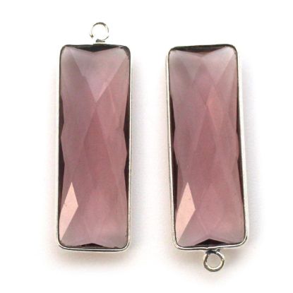 Wholesale Sterling Silver Bezel Charm Pendant - 34x11mm Elongated Rectangle Shape - Pink Amethyst Quartz