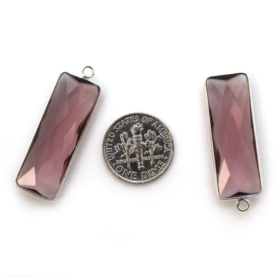 Wholesale Sterling Silver Bezel Charm Pendant - 34x11mm Elongated Rectangle Shape - Pink Amethyst Quartz