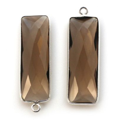 Wholesale Sterling Silver Bezel Charm Pendant - 34x11mm Elongated Rectangle Shape - Smoky Quartz