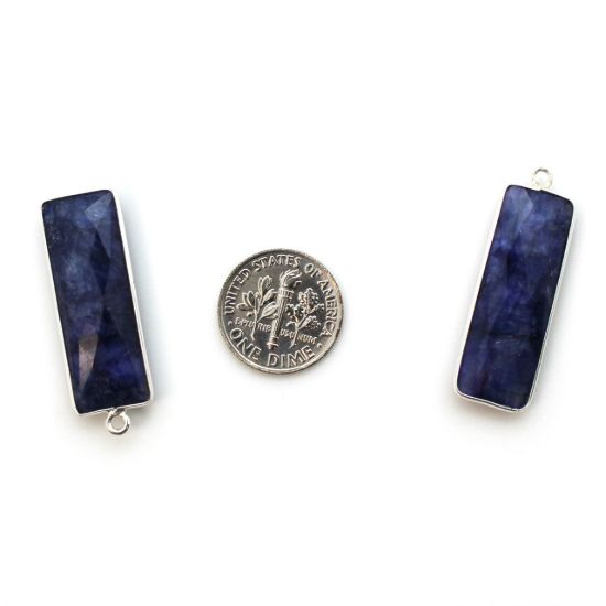 Wholesale Sterling Silver Bezel Charm Pendant - 34x11mm Elongated Rectangle Shape - Blue Sapphire Dyed - September Birthstone