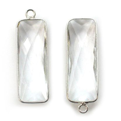 Wholesale Sterling Silver Bezel Charm Pendant - 34x11mm Elongated Rectangle Shape - Crystal Quartz - April Birthstone