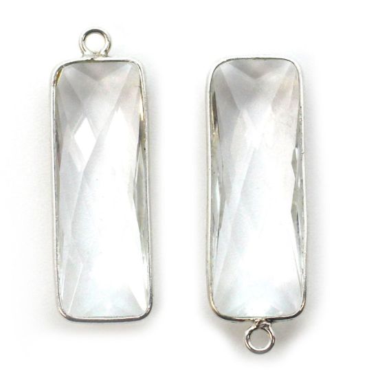 Wholesale Sterling Silver Bezel Charm Pendant - 34x11mm Elongated Rectangle Shape - Crystal Quartz - April Birthstone