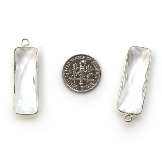 Wholesale Sterling Silver Bezel Charm Pendant - 34x11mm Elongated Rectangle Shape - Crystal Quartz - April Birthstone