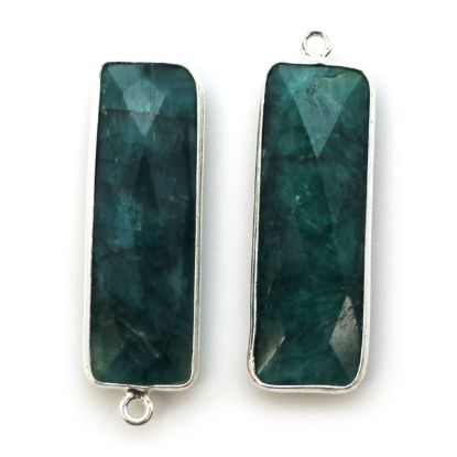 Wholesale Sterling Silver Bezel Charm Pendant - 34x11mm Elongated Rectangle Shape - Emerald Dyed - May Birthstone