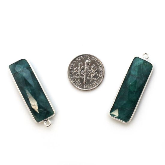 Wholesale Sterling Silver Bezel Charm Pendant - 34x11mm Elongated Rectangle Shape - Emerald Dyed - May Birthstone