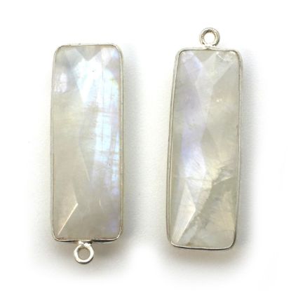 Wholesale Sterling Silver Bezel Charm Pendant - 34x11mm Elongated Rectangle Shape - Rainbow Moonstone - June Birthstone