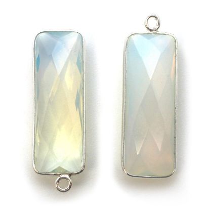Wholesale Sterling Silver Bezel Charm Pendant - 34x11mm Elongated Rectangle Shape - Opalite Quartz - October Birthstone