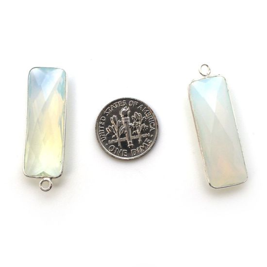 Wholesale Sterling Silver Bezel Charm Pendant - 34x11mm Elongated Rectangle Shape - Opalite Quartz - October Birthstone