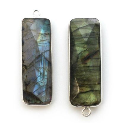 Wholesale Sterling Silver Bezel Charm Pendant - 34x11mm Elongated Rectangle Shape - Labradorite