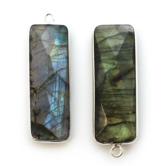 Wholesale Sterling Silver Bezel Charm Pendant - 34x11mm Elongated Rectangle Shape - Labradorite