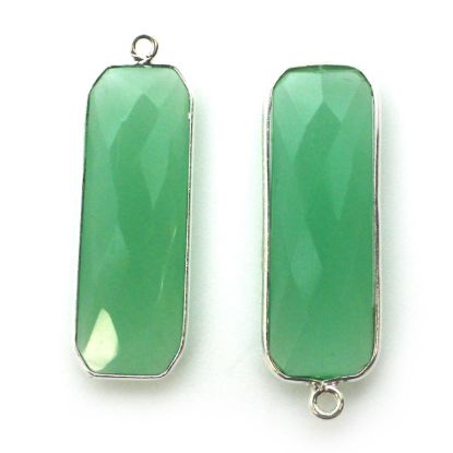 Wholesale Sterling Silver Bezel Charm Pendant - 34x11mm Elongated Rectangle Shape - Prehnite Chalcedony