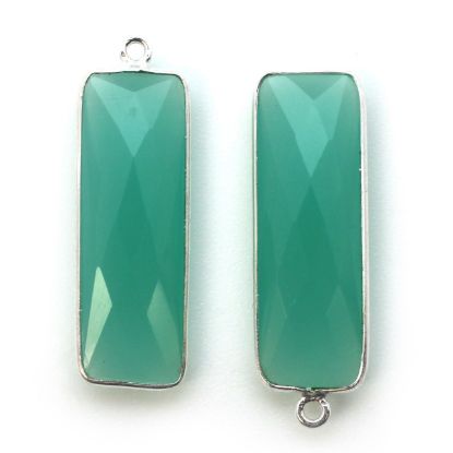 Wholesale Sterling Silver Bezel Charm Pendant - 34x11mm Elongated Rectangle Shape - Peru Chalcedony