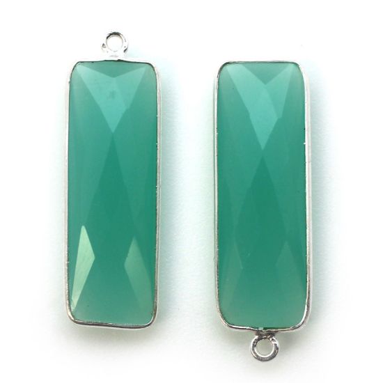 Wholesale Sterling Silver Bezel Charm Pendant - 34x11mm Elongated Rectangle Shape - Peru Chalcedony