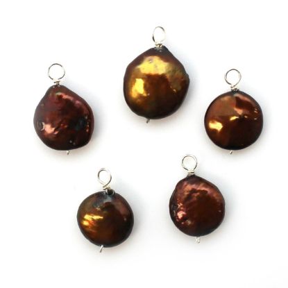 Wholesale Wire Wrapped Dyed Brown Coin Shaped Freshwater Pearl Charm Beads