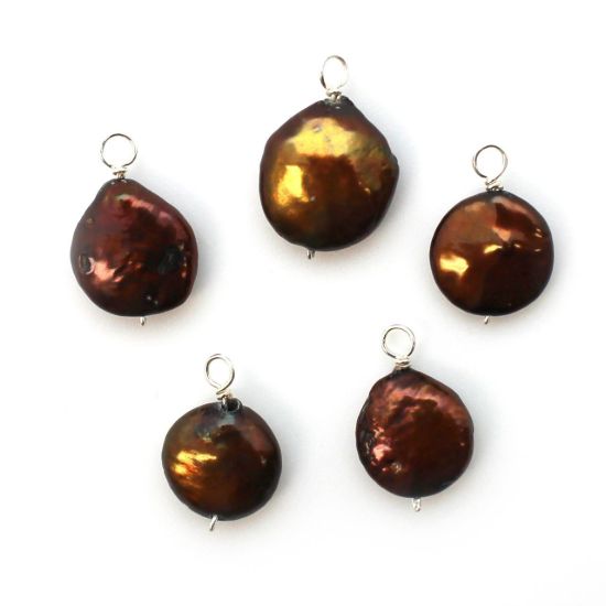Wholesale Wire Wrapped Dyed Brown Coin Shaped Freshwater Pearl Charm Beads
