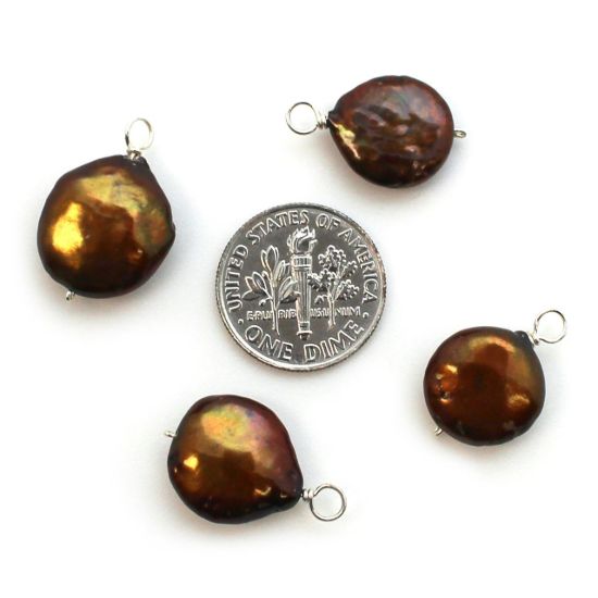 Wholesale Wire Wrapped Dyed Brown Coin Shaped Freshwater Pearl Charm Beads