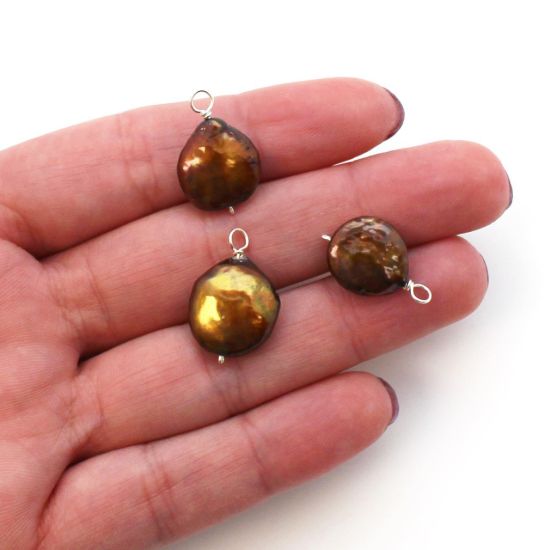 Wholesale Wire Wrapped Dyed Brown Coin Shaped Freshwater Pearl Charm Beads