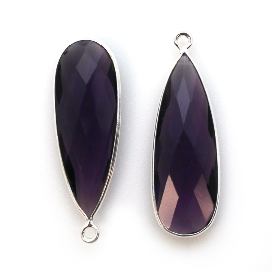 Wholesale Sterling Silver Bezel Charm Pendant - 34x11mm Elongated Teardrop - Amethyst Quartz - February Birthstone