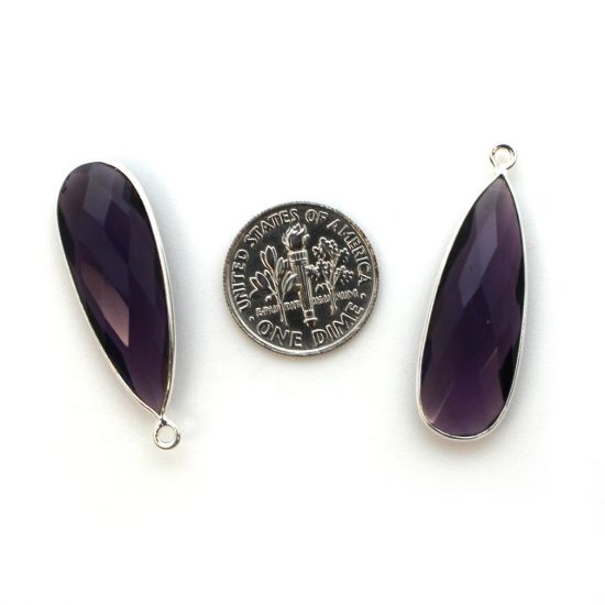 Wholesale Sterling Silver Bezel Charm Pendant - 34x11mm Elongated Teardrop - Amethyst Quartz - February Birthstone