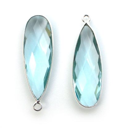 Wholesale Sterling Silver Bezel Charm Pendant - 34x11mm Elongated Teardrop - Blue Topaz Quartz - December Birthstone