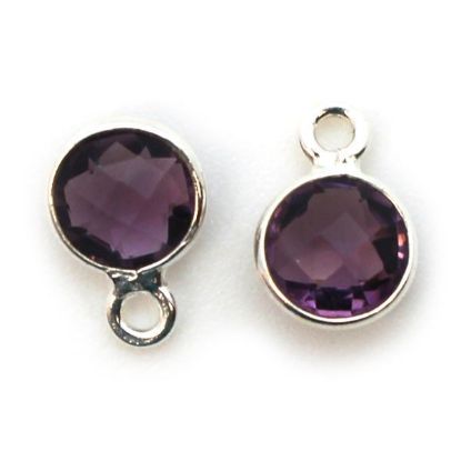 Wholesale Sterling Silver Bezel Charm Pendant - 7mm Tiny Circle Shape - Amethyst Quartz - February Birthstone