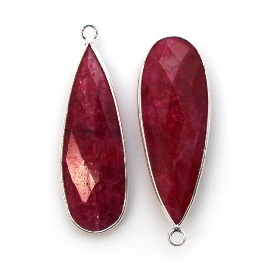 Wholesale Sterling Silver Bezel Charm Pendant - 34x11mm Elongated Teardrop - Ruby Dyed - July Birthstone