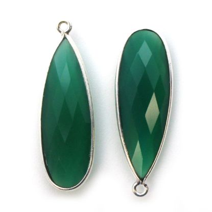 Wholesale Sterling Silver Bezel Charm Pendant - 34x11mm Elongated Teardrop - Green Onyx
