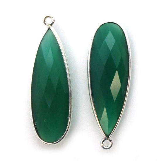 Wholesale Sterling Silver Bezel Charm Pendant - 34x11mm Elongated Teardrop - Green Onyx
