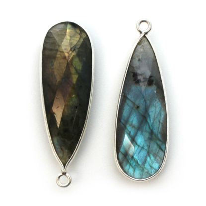 Wholesale Sterling Silver Bezel Charm Pendant - 34x11mm Elongated Teardrop - Labradorite