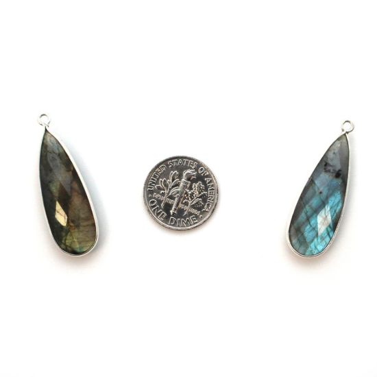 Wholesale Sterling Silver Bezel Charm Pendant - 34x11mm Elongated Teardrop - Labradorite