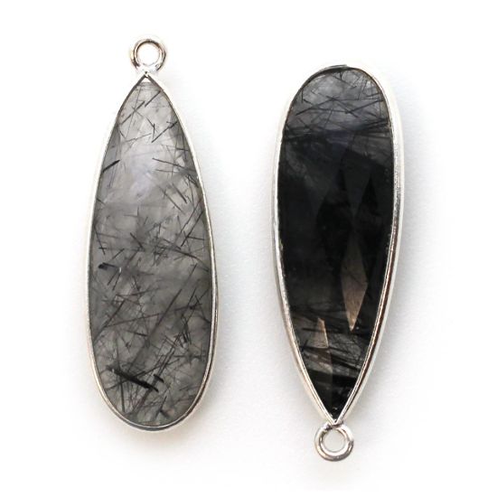 Wholesale Sterling Silver Bezel Charm Pendant - 34x11mm Elongated Teardrop - Black Rutilated Quartz