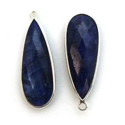 Wholesale Sterling Silver Bezel Charm Pendant - 34x11mm Elongated Teardrop - Blue Sapphire Dyed - September Birthstone