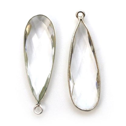 Wholesale Sterling Silver Bezel Charm Pendant - 34x11mm Elongated Teardrop - Crystal Quartz - April Birthstone