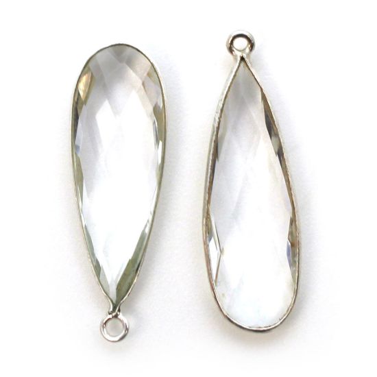 Wholesale Sterling Silver Bezel Charm Pendant - 34x11mm Elongated Teardrop - Crystal Quartz - April Birthstone