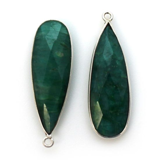 Wholesale Sterling Silver Bezel Charm Pendant - 34x11mm Elongated Teardrop - Emerald Dyed - May Birthstone