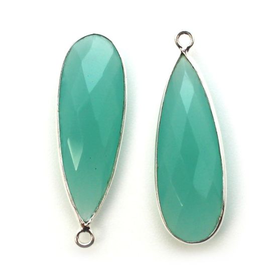 Wholesale Sterling Silver Bezel Charm Pendant - 34x11mm Elongated Teardrop - Peru Chalcedony 