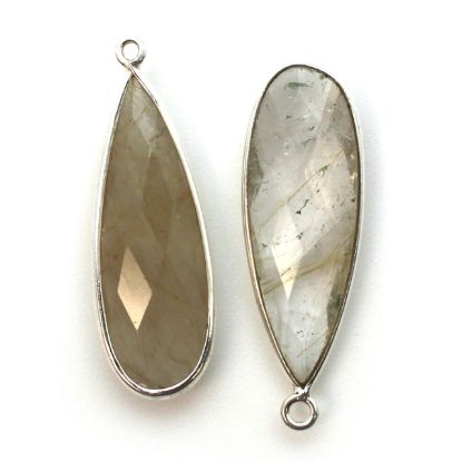 Wholesale Sterling Silver Bezel Charm Pendant - 34x11mm Elongated Teardrop - Gold Rutilated Quartz