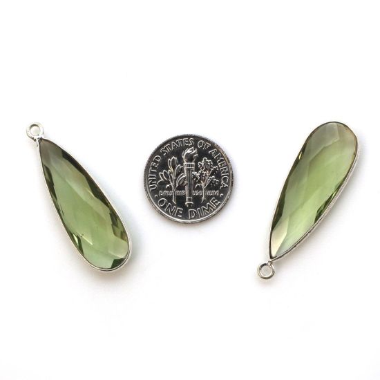 Wholesale Sterling Silver Bezel Charm Pendant - 34x11mm Elongated Teardrop - Green Amethyst Quartz