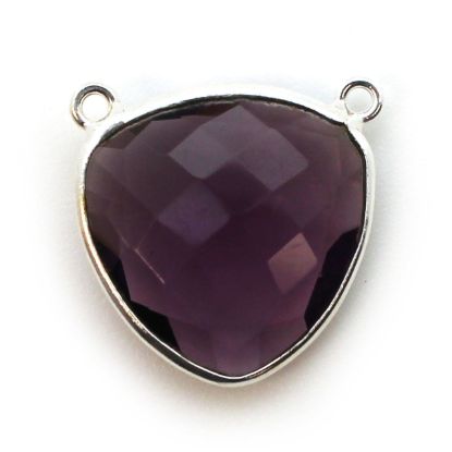 Wholesale Sterling Silver Bezel Gemstone Connector Pendant - 18mm Faceted Large Trillion Shape - Amethyst Quartz - February Birthstone