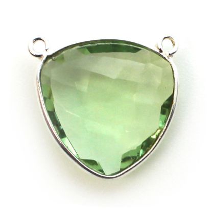 Wholesale Sterling Silver Bezel Gemstone Connector Pendant - 18mm Faceted Large Trillion Shape - Green Amethyst Quartz