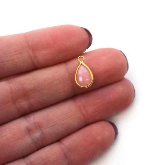 Wholesale Bezel Charm Pendant - Gold Plated Sterling Silver Charm - Natural Pink Opal - Tiny Teardrop Shape- October Birthstone