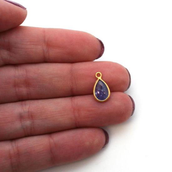 Wholesale Bezel Charm Pendant - Gold Plated Sterling Silver Charm - Natural Tanzanite  - Tiny Teardrop Shape - December Birthstone