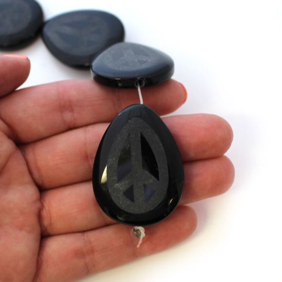 Wholesale Black Agate Beads - 40mm Etched Peace Sign Big Pear Shape (3 pcs)