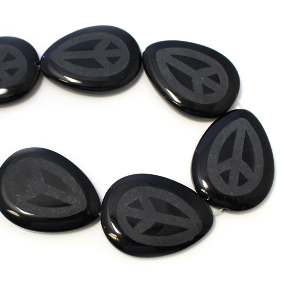 Wholesale Black Agate Beads - 40mm Etched Peace Sign Big Pear Shape (3 pcs)