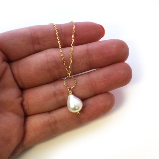 Wholesale Gold Over Sterling Silver White Teardrop Freshwater Pearl Twisted Ring Necklace - 16"