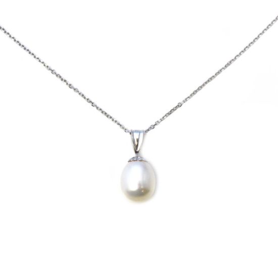Wholesale 14K White Gold Simple White Teardrop Freshwater Pearl Necklace 