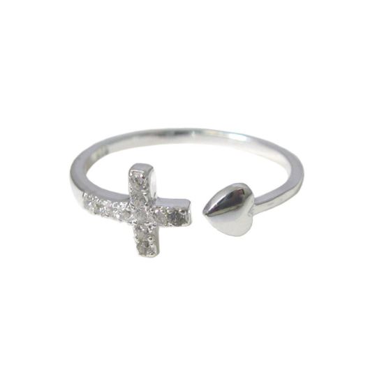 Wholesale 925 Sterling Silver CZ Stone Cross and Heart Ring - Adjustable (1 piece)